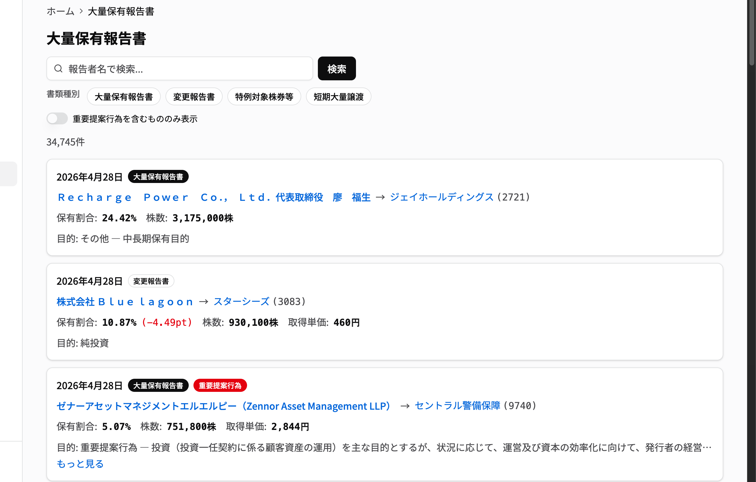 大量保有報告書一覧。提出者・対象企業・保有割合・株数・目的が並ぶ画面のスクリーンショット